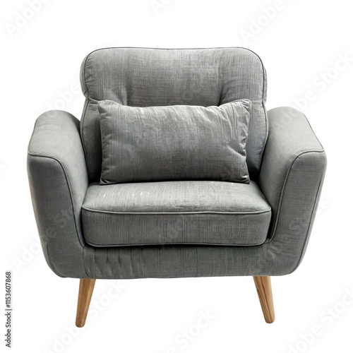 Gray Armchair with Pillow: A stylish gray armchair with a plush pillow, perfect for adding a touch of comfort and elegance to any living room. photo