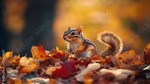 An Eastern chipmunk, a type of rodent and terrestrial animal, is perched on a pile of leaves in the Organ Mountains. With its fawn-colored fur, chipmunk features a snout, whiskers, and a bushy tail. photo