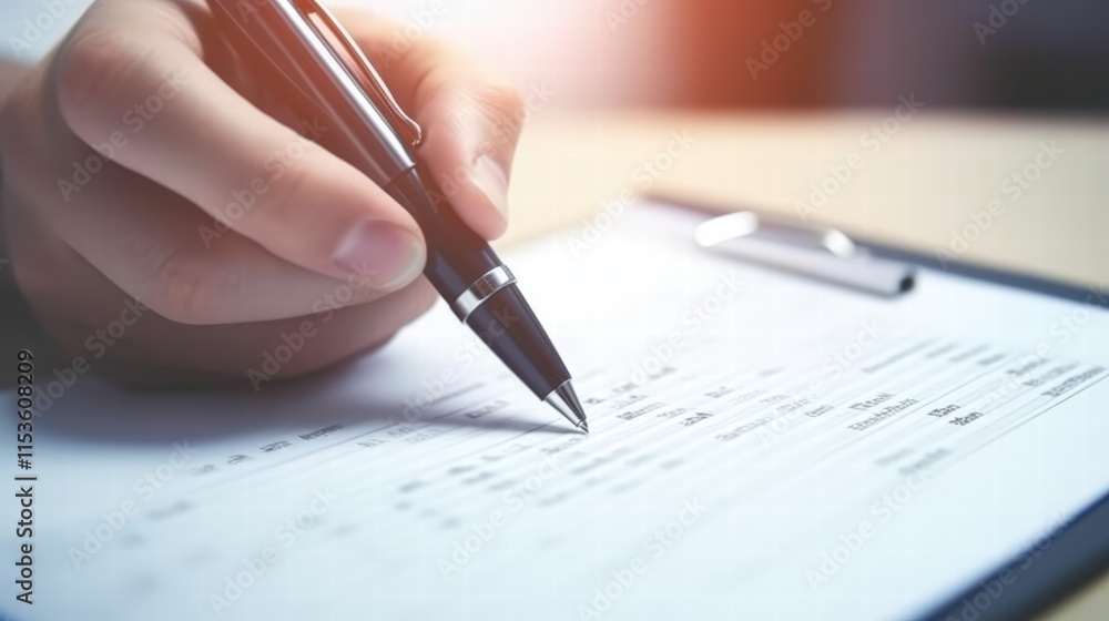 Close-up of a hand holding a pen, writing on a sheet of paper with shallow depth of field, showcasing focus on writing in soft natural light Close-up of a hand holding a pen, writing on a sheet of paper with shallow depth of field, showcasing focus on writing in soft natural light