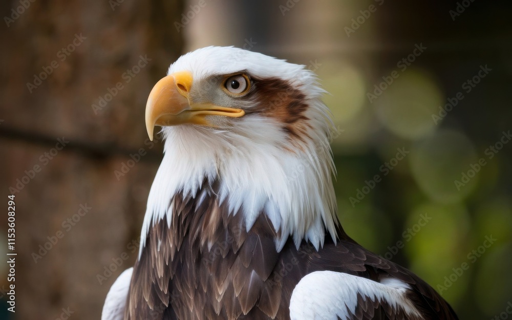 Fototapeta premium A portrait of a captive Steller's Sea Eagle in a zoo, showcasing the bird's powerful features and majestic look