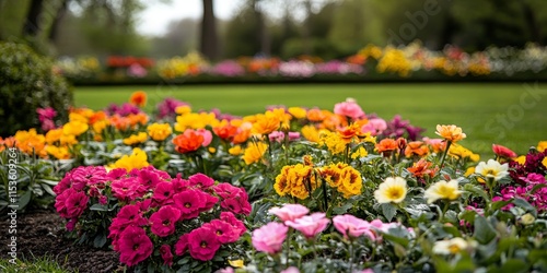 Stunning flowers bloom in the flowerbed during springtime, showcasing the vibrant beauty of flowers in the park s picturesque landscape, inviting visitors to admire the colorful flowers. photo