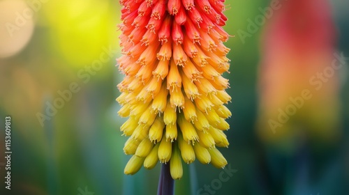 Vibrant yellow and red flower of the Kniphofia plant, also known as Tritoma, showcases stunning beauty. The Kniphofia flower s unique colors make it an eye catching element in any garden setting. photo