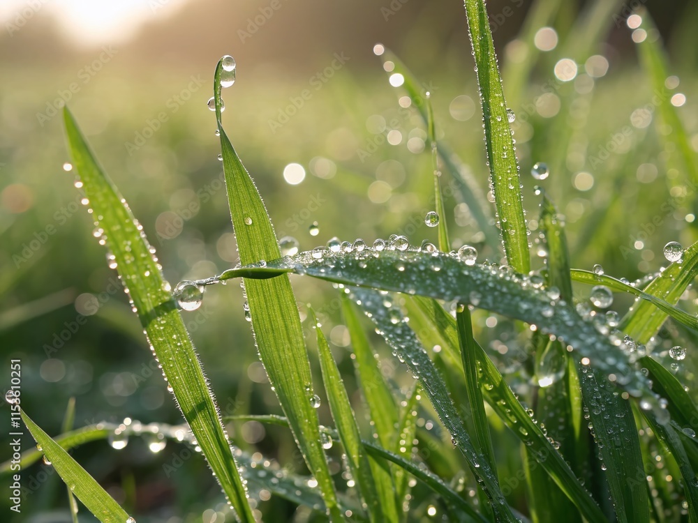 Sparkling Rain Dew Drops on Green Grass Blades – Nature Background with Bokeh Effect Sparkling Rain Dew Drops on Green Grass Blades – Nature Background with Bokeh Effect