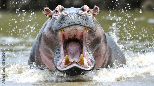 Angry hippopotamus (Hippopotamus amphibius), hippo with a wide open mouth displaying dominance, Okavango delta, Botswana photo