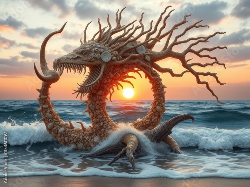 Sea creature, crafted from coral, shells, and driftwood, assembles to greet the setting sun