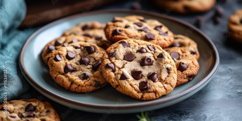 A plate filled with freshly baked chocolate chip cookies made at home. These delightful chocolate chip cookies are perfect for sharing or enjoying on your own. A plate filled with freshly baked chocolate chip cookies made at home. These delightful chocolate chip cookies are perfect for sharing or enjoying on your own.