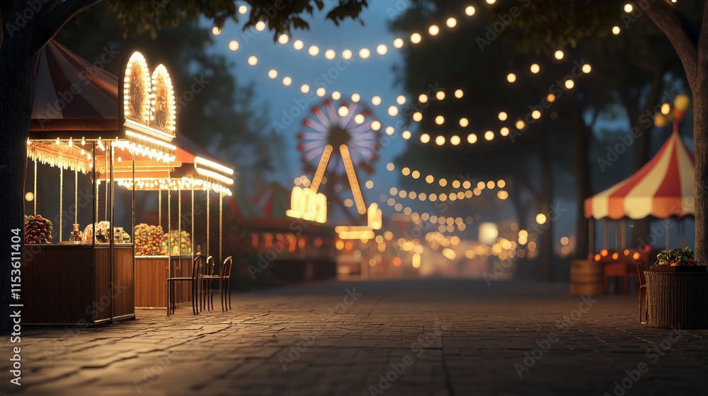 Obraz premium Enchanting Carnival Night Scene with Festive Lights and Colorful Stalls Captured in a Vibrant Atmosphere of Joy and Celebration Under a Starry Sky