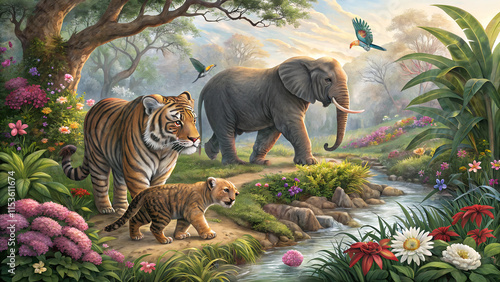  Vibrant Natural Scene with Tiger and Cub, Elephant, and Bear among Lush Flora and Birds
