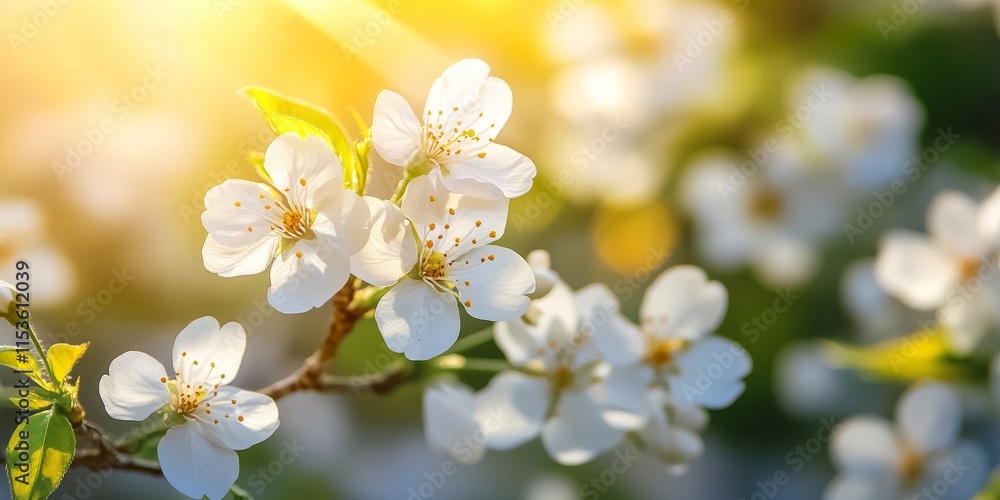 Obraz premium Blooming cherry blossoms display stunning white flowers in spring under bright sunlight, creating a picturesque scene of blooming cherry beauty on a lovely sunny day.