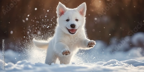 Image of a white puppy from the Central Asian Shepherd breed playfully running through the snow, showcasing the breed s lively spirit against a contrasting brown background. photo