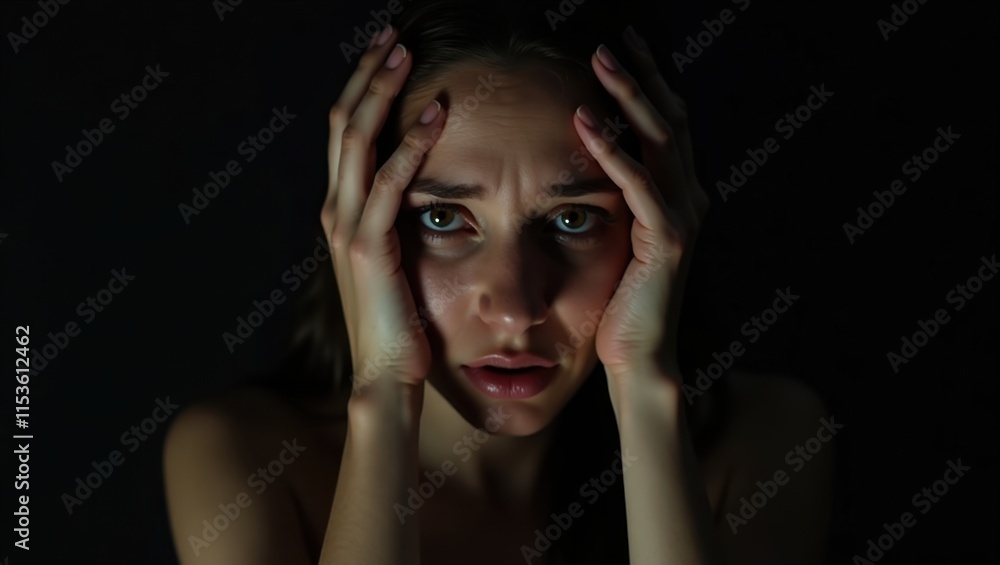 Fototapeta premium A young woman with her hands on her face, looking distressed and overwhelmed in a dimly lit setting. The low-key lighting accentuates her worried expression.