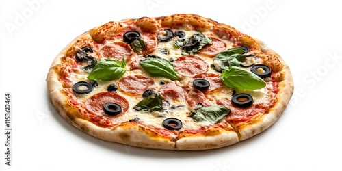 Italian pizza displayed against a white background, showcasing the deliciousness and appeal of Italian pizza in a vibrant and appetizing manner, perfect for food related themes. photo