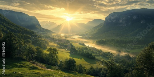 Backlit landscape showcasing the beauty of the Danube valley, highlighting its stunning features and serene environment in a captivating way. This landscape reflects nature s charm and tranquility. photo