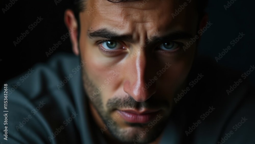 Close-up portrait of a pensive young man with intense eyes, captured in moody low-key lighting. His expression hints at a complex inner world. Close-up portrait of a pensive young man with intense eyes, captured in moody low-key lighting. His expression hints at a complex inner world.