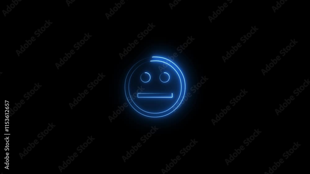 Neon emoji face, crying sign and sad face animation on black background. Abstract Blu color sad smile icon animation. Neon emoji face, crying sign and sad face animation on black background. Abstract Blu color sad smile icon animation.