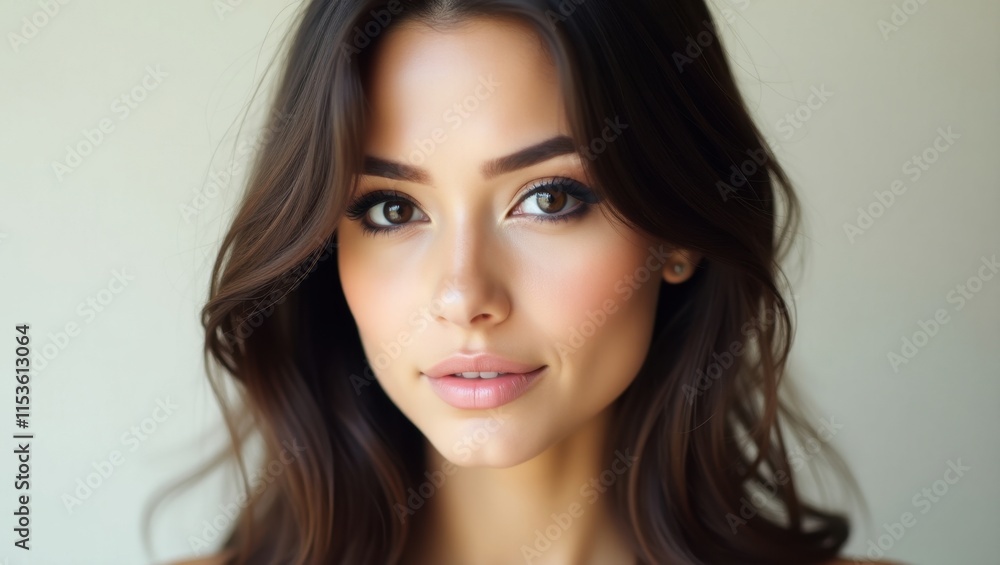 Close-up portrait of a young woman with long, dark brown hair and subtle makeup. Her warm, inviting expression is enhanced by soft lighting, creating a calm and sophisticated mood. Close-up portrait of a young woman with long, dark brown hair and subtle makeup. Her warm, inviting expression is enhanced by soft lighting, creating a calm and sophisticated mood.