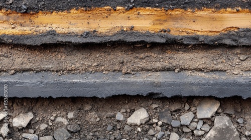 Asphalt road cross section showcasing repair and reconstruction work, illustrating layers of asphalt concrete, bitumen, soil, sand, rock, stone, ground, and earth in detail.