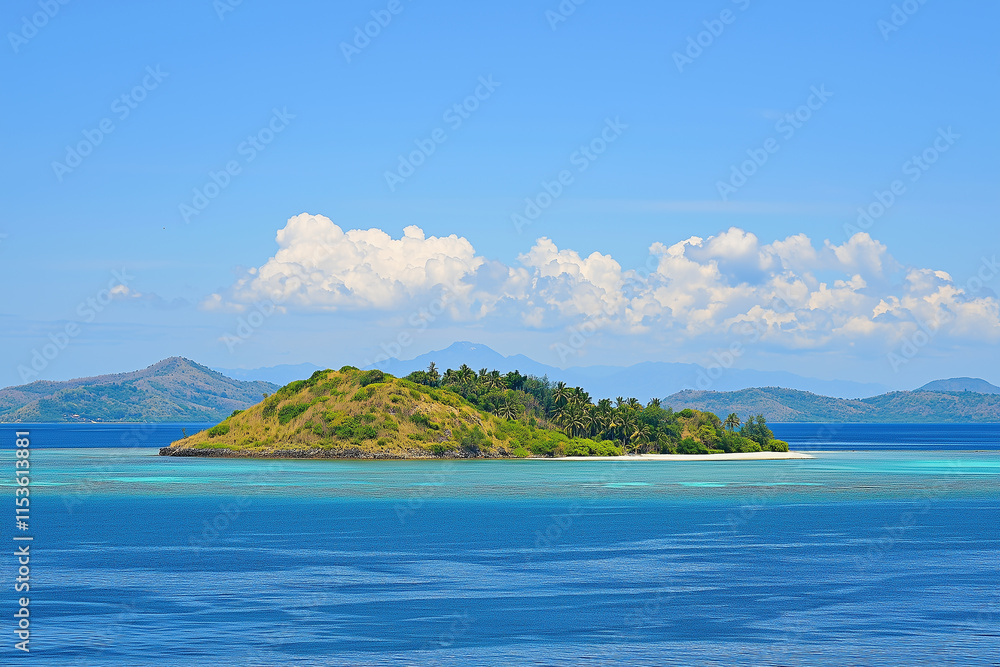 Tropical island in the sea under blue sky with white clouds Tropical island in the sea under blue sky with white clouds