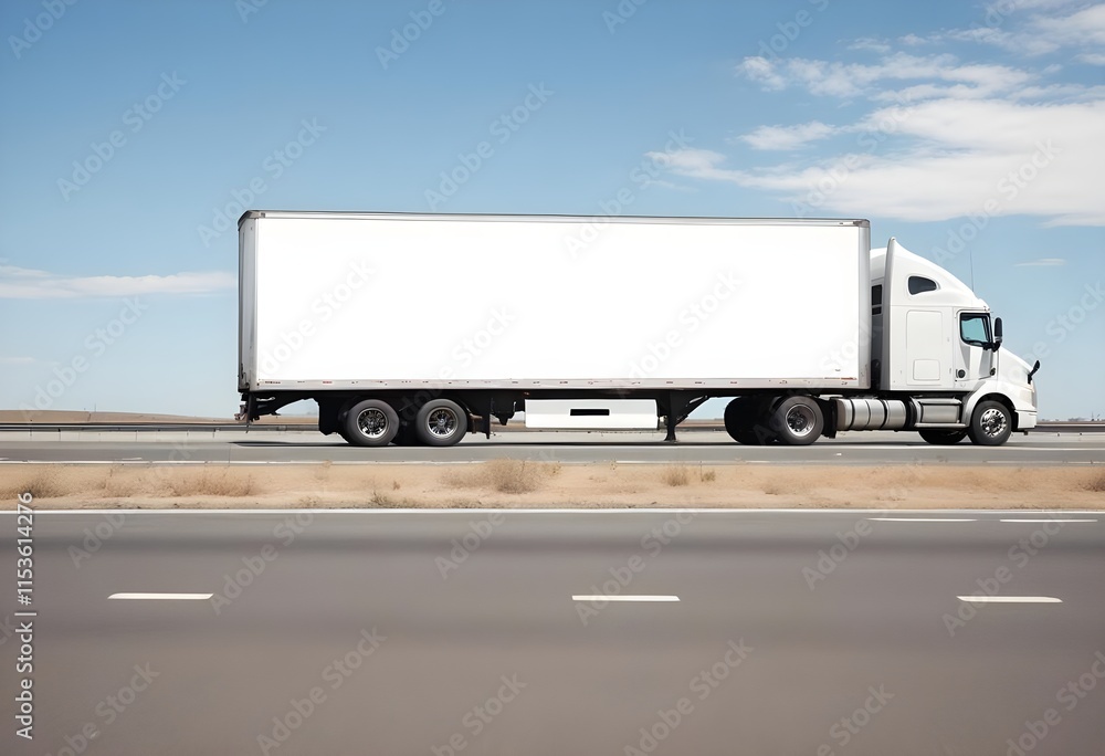 A large white semi-trailer truck on a highway with a clear blue sky in the background A large white semi-trailer truck on a highway with a clear blue sky in the background