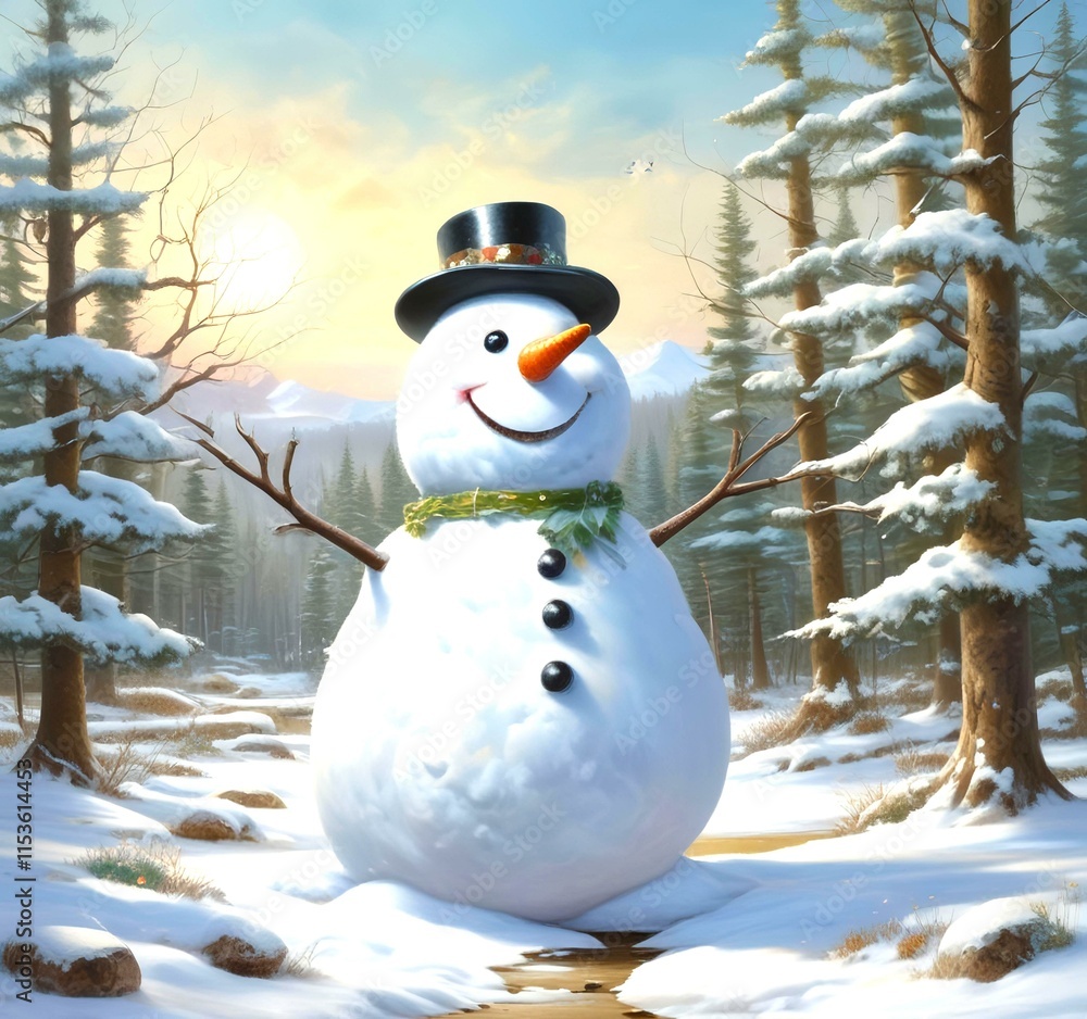 Obraz premium Illustration of snowman with winter landscape.
