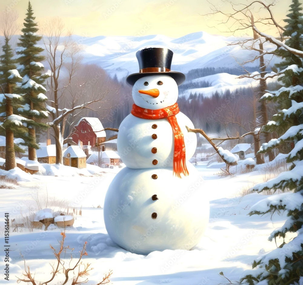 Obraz premium Illustration of snowman with winter landscape.