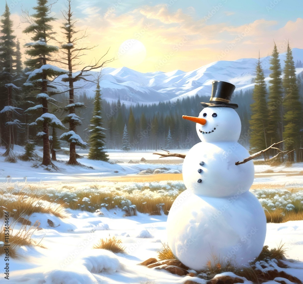 Obraz premium Illustration of snowman with winter landscape.