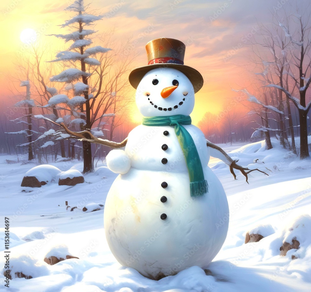 Obraz premium Illustration of snowman with winter landscape.