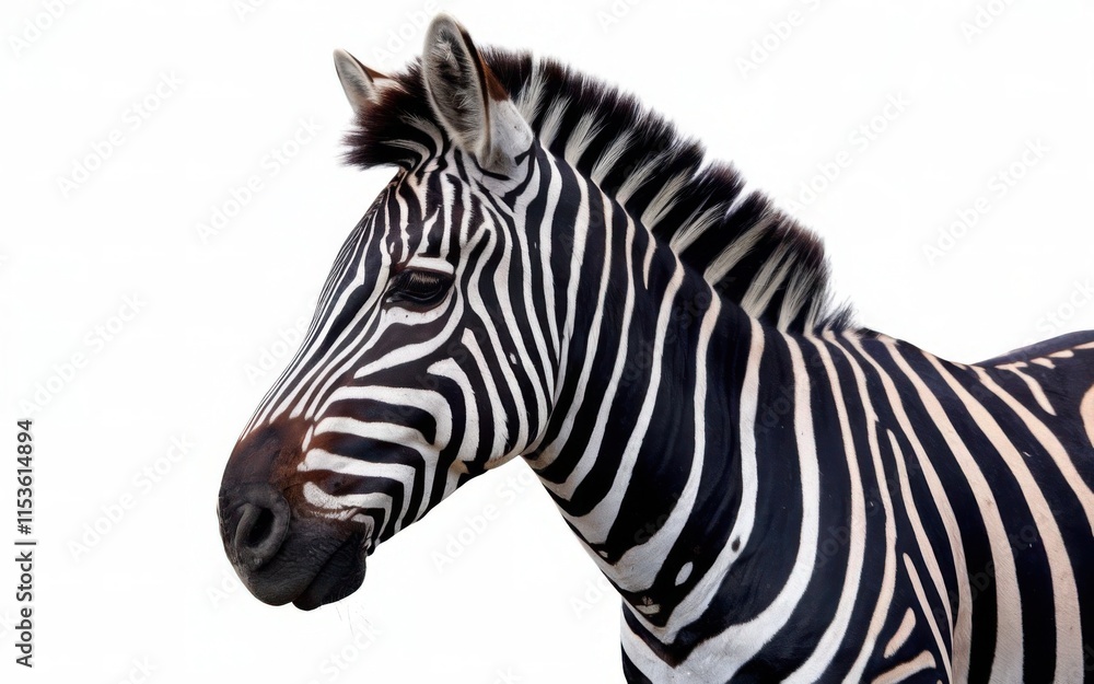 Fototapeta premium Zebra standing isolated on a white background, featuring a close-up of its distinctive striped face
