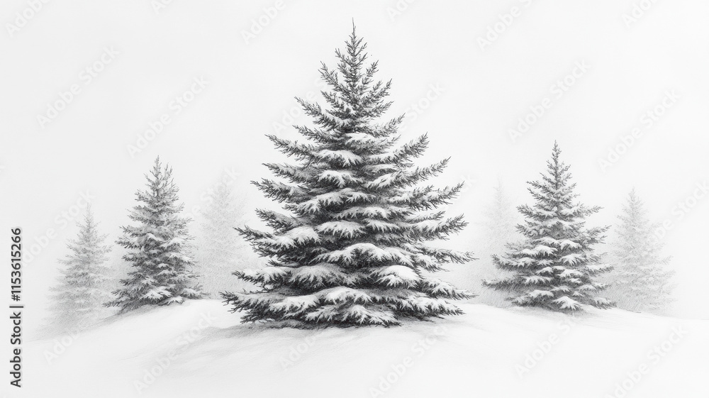 Fototapeta premium A simple pencil sketch of an evergreen tree in the snow, surrounded by other trees in a misty setting, created in black ink with a minimalistic, vintage hand-drawn style.