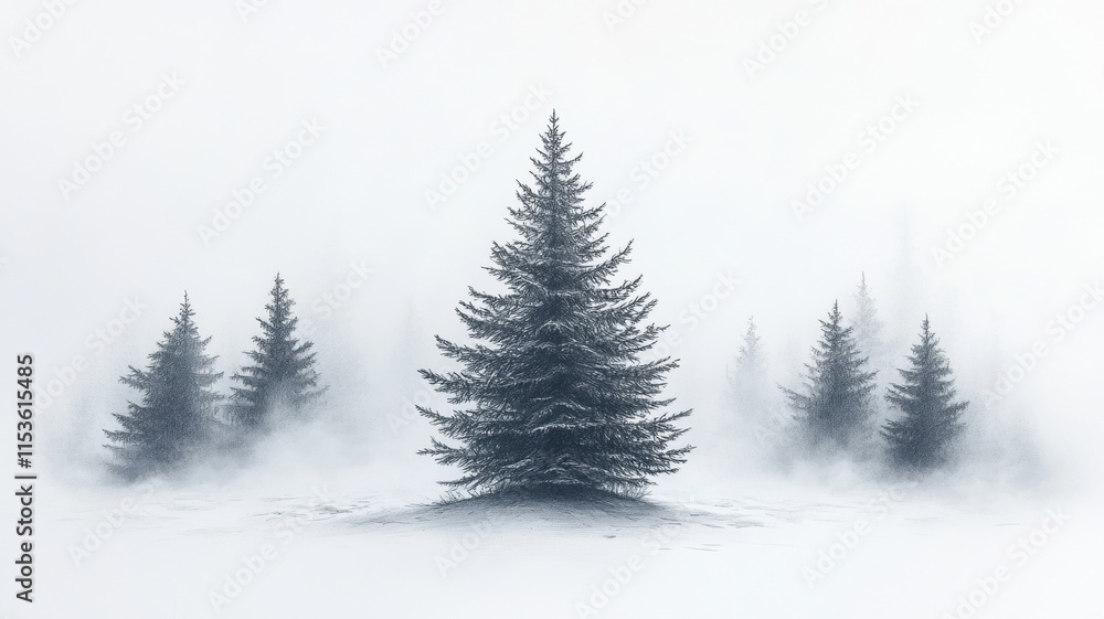 A simple pencil sketch of an evergreen tree in the snow, surrounded by other trees in a misty setting, created in black ink with a minimalistic, vintage hand-drawn style. A simple pencil sketch of an evergreen tree in the snow, surrounded by other trees in a misty setting, created in black ink with a minimalistic, vintage hand-drawn style.