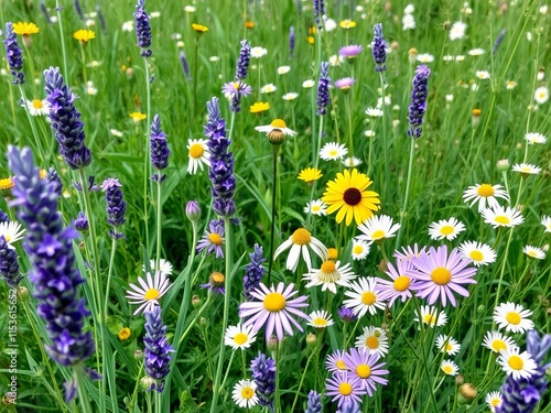 Biodynamic farming practices at their best in a stunning meadow garden featuring a vibrant array of native wildflowers, including lavender, chamomile, and daisies