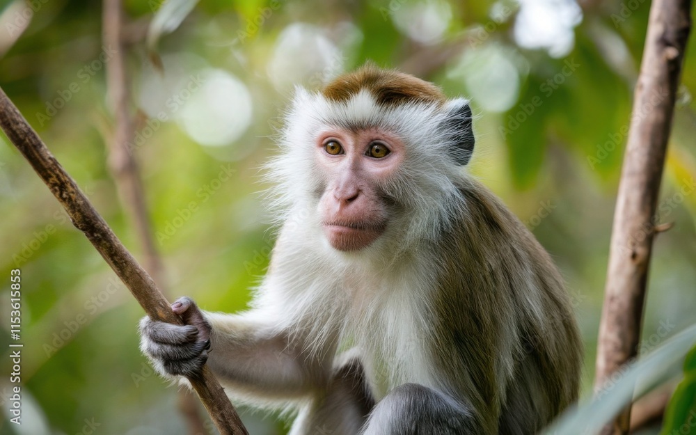 Naklejka premium A beautiful portrait of a white-faced monkey in the jungle with a bokeh background