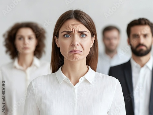 A group of people with varying expressions, focusing on a concerned woman in the foreground. photo