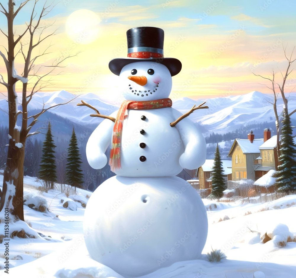 Obraz premium Illustration of snowman with winter landscape.