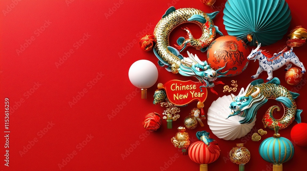 Chinese New Year text adorned with zodiac animals walking around the edge Chinese New Year text adorned with zodiac animals walking around the edge