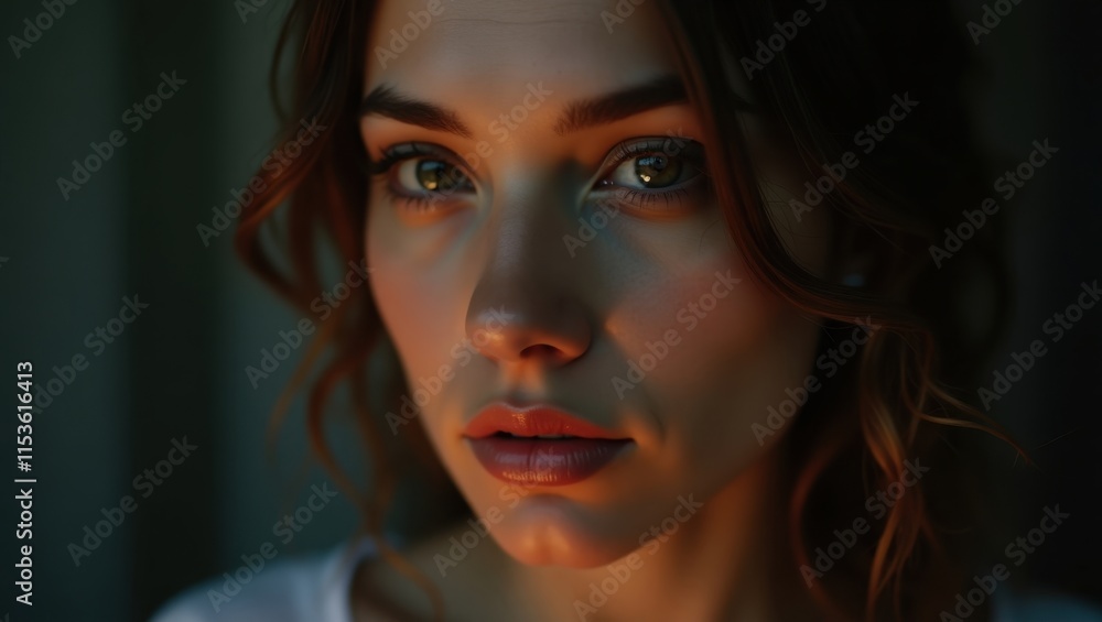 Close-up portrait of a young woman with brown hair and captivating eyes. Soft, warm light illuminates her face, creating a serene and intimate atmosphere. Close-up portrait of a young woman with brown hair and captivating eyes. Soft, warm light illuminates her face, creating a serene and intimate atmosphere.