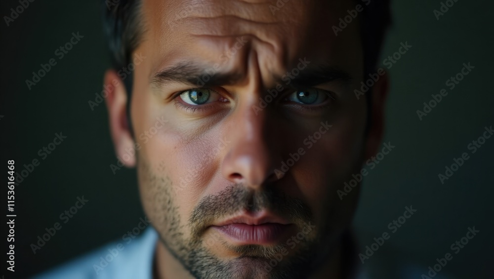 Close-up portrait of a pensive young man with intense blue eyes. The low-key lighting creates a dramatic mood, highlighting his facial features and expression. Close-up portrait of a pensive young man with intense blue eyes. The low-key lighting creates a dramatic mood, highlighting his facial features and expression.