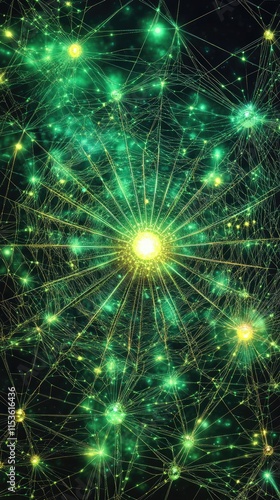 Abstract representation of interconnected particles and energy in a cosmic-like setting.