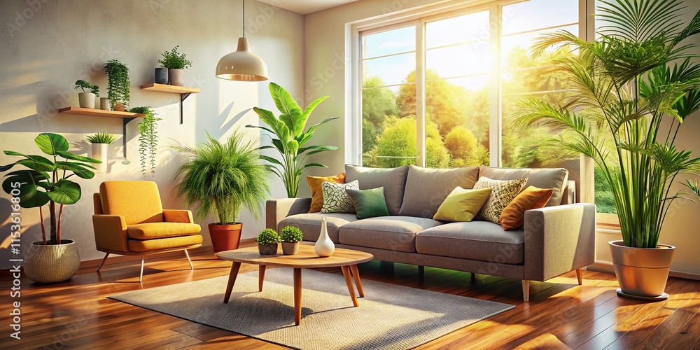Fototapeta premium Sunlit Cozy Living Room with Plants & Modern Couch - Stock Photo