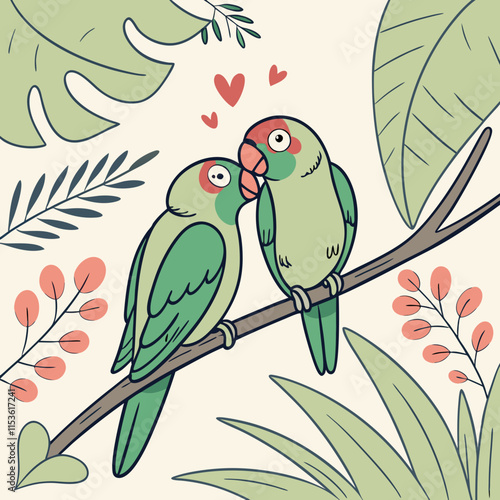 A beautiful digital image of two lovebirds sitting closely, showcasing affection and intimacy.