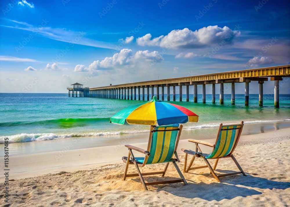 Sunny Day at Okaloosa Fishing Pier: Empty Beach Chairs and Umbrella on Florida Panhandle Beach Sunny Day at Okaloosa Fishing Pier: Empty Beach Chairs and Umbrella on Florida Panhandle Beach