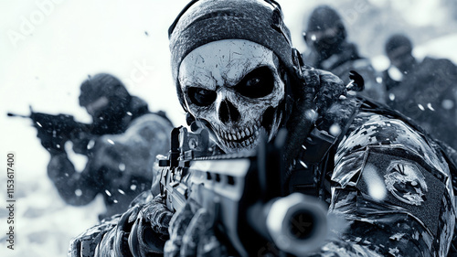 A black-and-white realistic photo of a ghostly figure holding a machine gun and wearing a skull mask, standing in the snow surrounded by other soldiers. photo