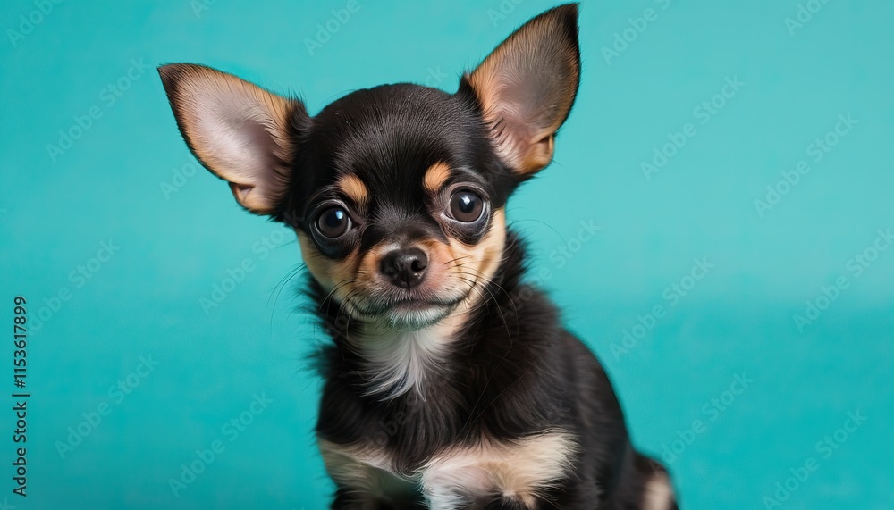 Adorable black and tan Chihuahua puppy portrait against teal background. Adorable black and tan Chihuahua puppy portrait against teal background.