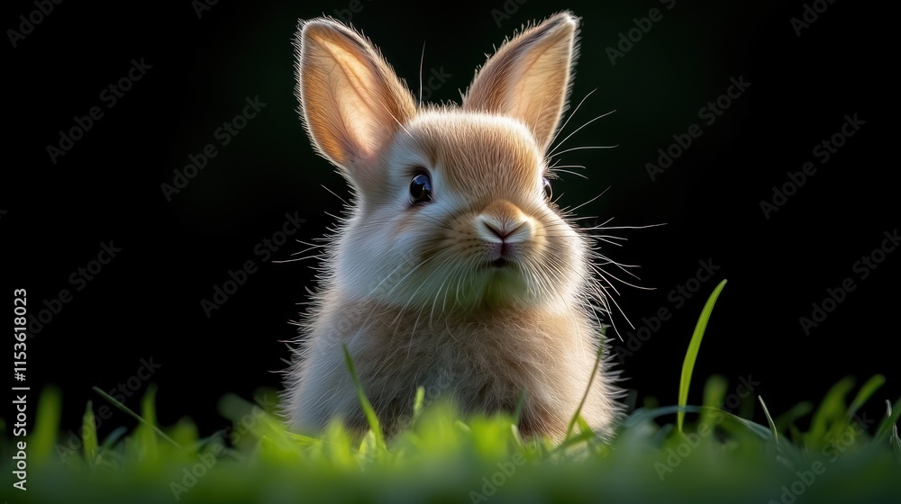 Adorable baby rabbit in grass, backlit, closeup. Adorable baby rabbit in grass, backlit, closeup.