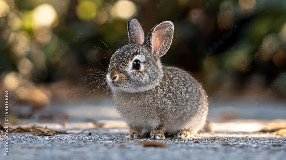 Fototapeta premium Adorable baby rabbit sitting outdoors.