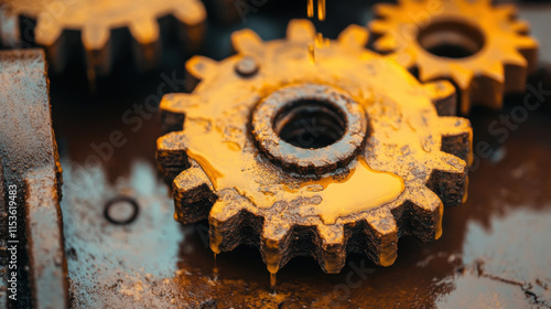 Oil Grease in Industrial Settings, Close-up image of oil-covered gears in motion, showcasing intricate mechanical detail and texture, perfect for industrial or engineering themes. photo