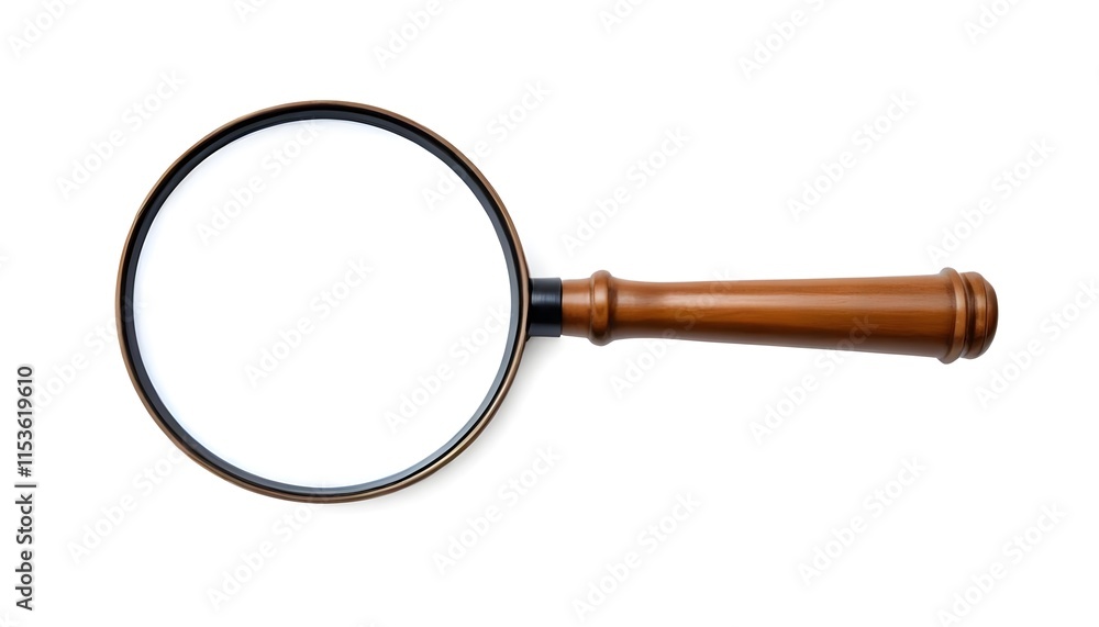 A close-up view of a magnifying glass with a wooden handle against a white background