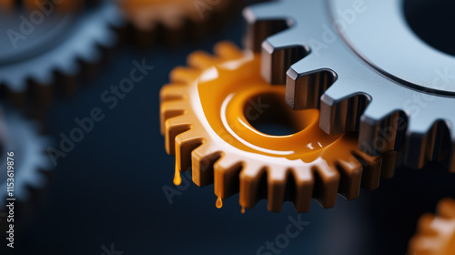 Oil Grease in Industrial Settings, A close-up image of moving oil-covered gears, showcasing intricate mechanical details and textures in motion, ideal for industrial or engineering themes. photo