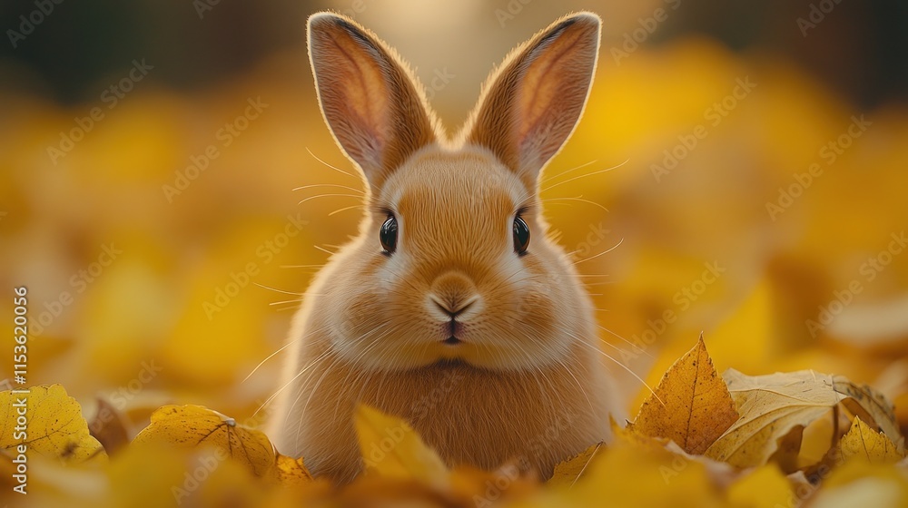 Fototapeta premium Adorable orange rabbit nestled amidst autumn leaves.