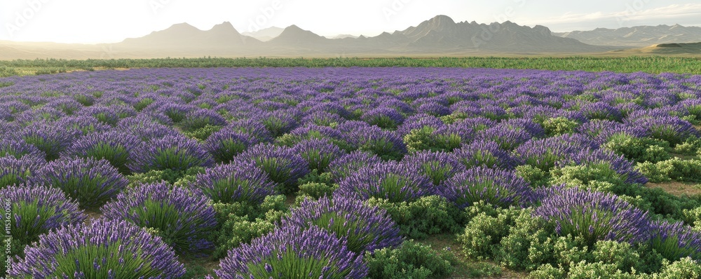 Fototapeta premium A vibrant lavender field stretches towards distant mountains under a soft light.